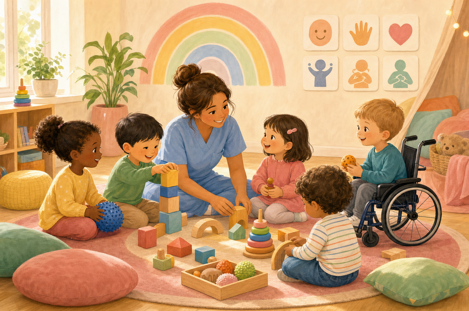 Niños y profesionales del centro compartiendo una actividad